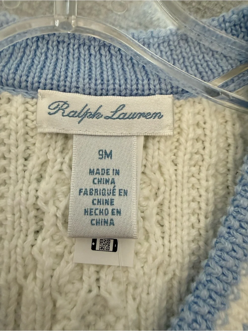 Ralph Lauren Baby Cream Cable Knit Cardigan with Light Blue Trim size 9m NWT
